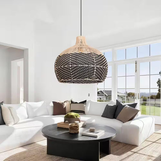 Florida Black Rattan Pendant Light for White and Black Modern Farmhouse Living Room