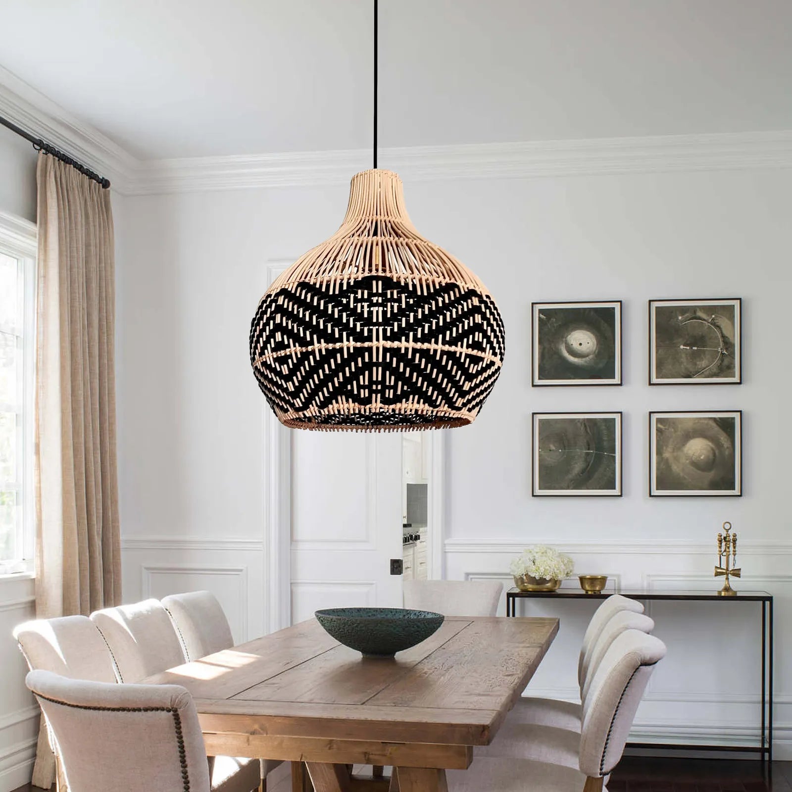 Florida Black Rattan Wicker Pendant Light in Minimalist Dining Room