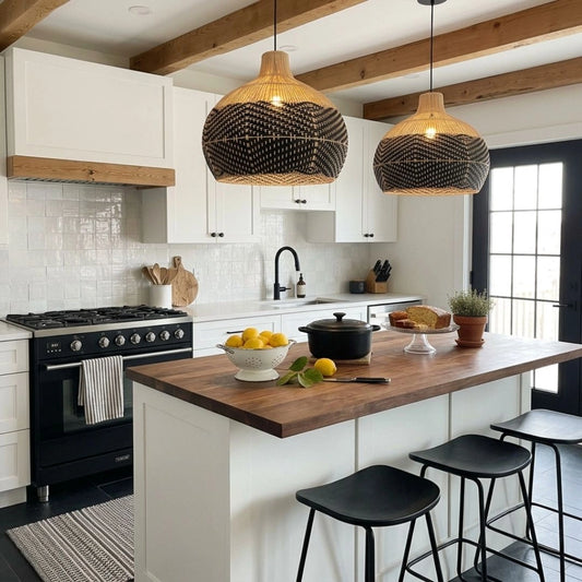 Florida Black Rattan Wicker Pendant Light Kitchen Island