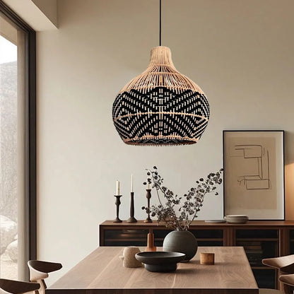 Florida Black Rattan Wicker Pendant Light over Japandi Dining Table