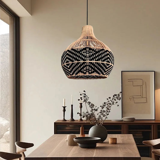 Florida Black Rattan Wicker Pendant Light over Japandi Dining Table