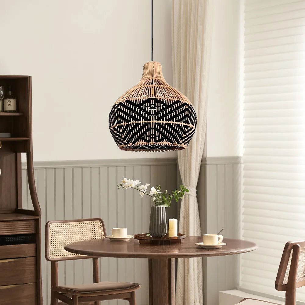 Florida Black Rattan Wicker Pendant Light over Small Coffee table