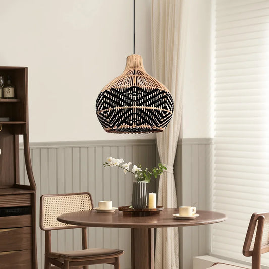 Florida Black Rattan Wicker Pendant Light over Small Coffee table