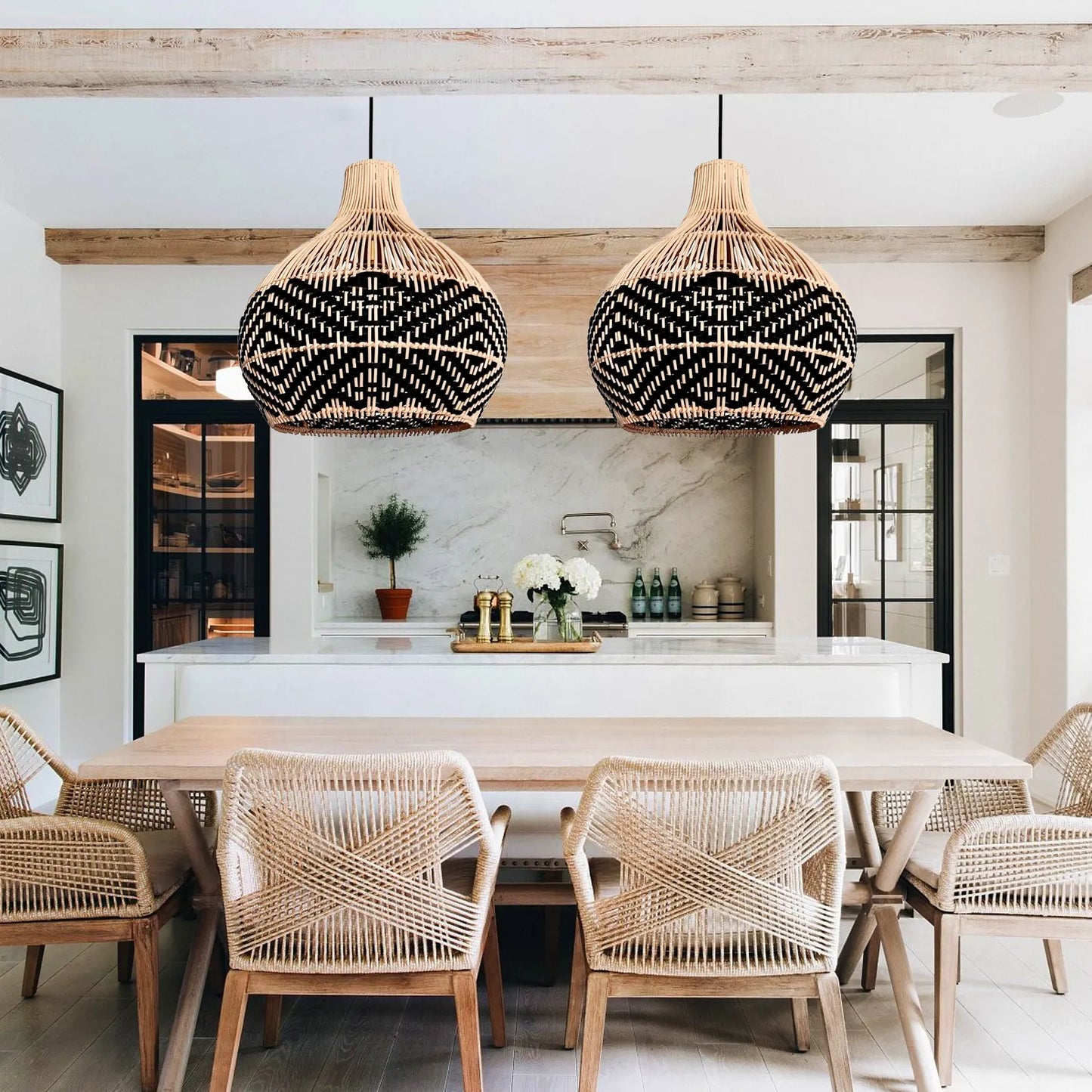 Florida Black Rattan Wicker Pendant Lights for Boho Kitchen Island