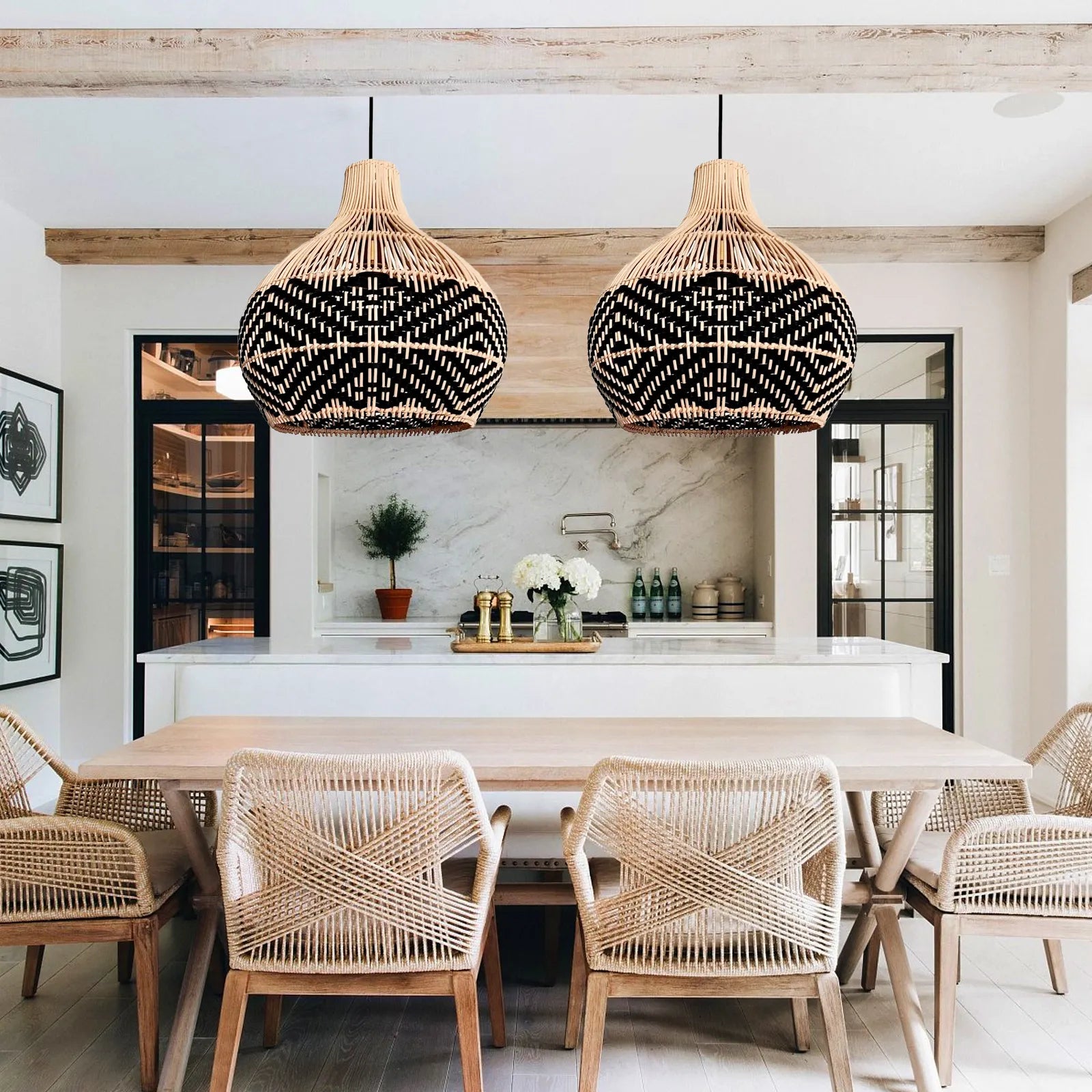 Florida Black Rattan Wicker Pendant Lights for Boho Kitchen Island