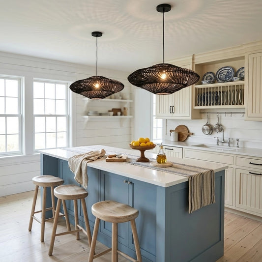 Flying Saucer Black Rattan Pendants in Coastal Kitchen Island