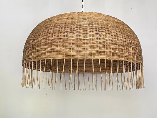 Frayed Extra Large Rattan Dome Wicker Pendant Light hangs with Chain