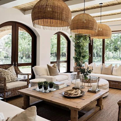 Frayed Large Rattan Dome Wicker Pendant Light for Organic Modern Living Room