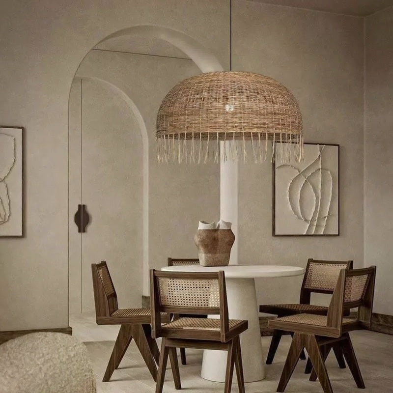 Frayed Large Rattan Dome Wicker Pendant Light for Wabi Sabi Dining Room