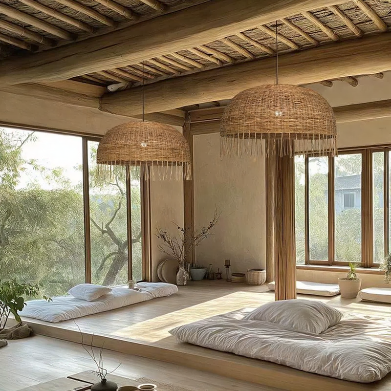Frayed Rattan Dome Wicker Pendant Light for Japanese Bedroom
