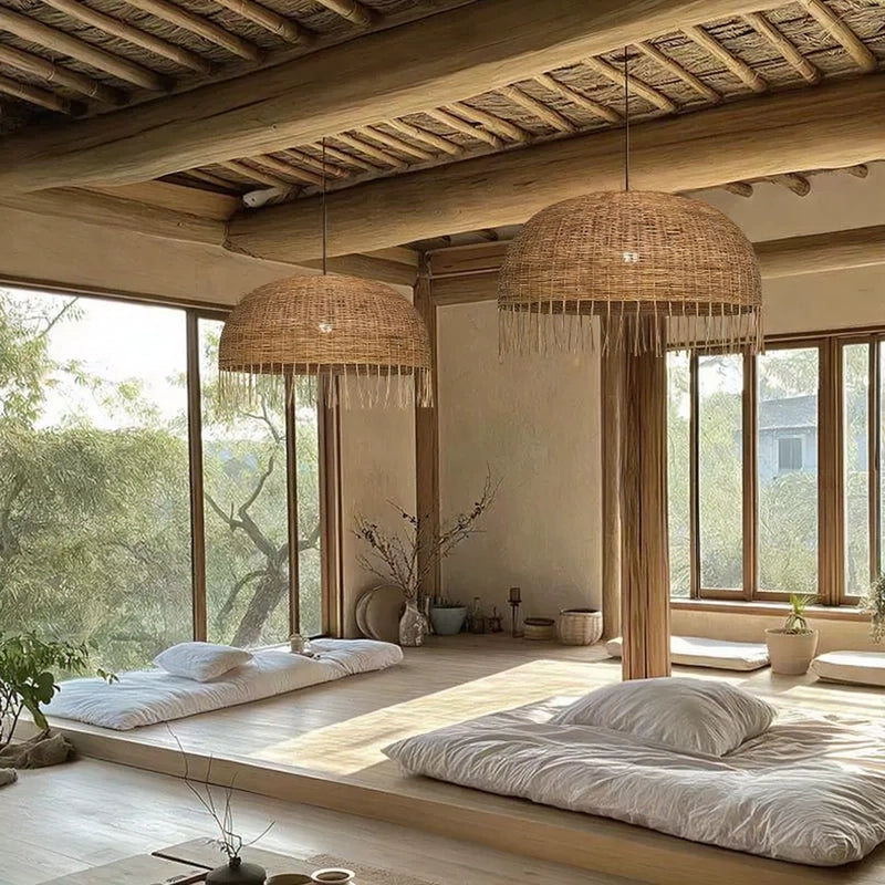 Frayed Rattan Dome Wicker Pendant Light for Japanese Bedroom