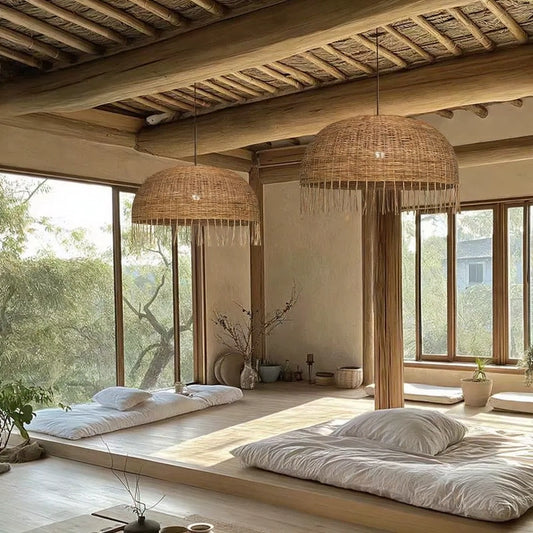Frayed Rattan Dome Wicker Pendant Light for Japanese Bedroom