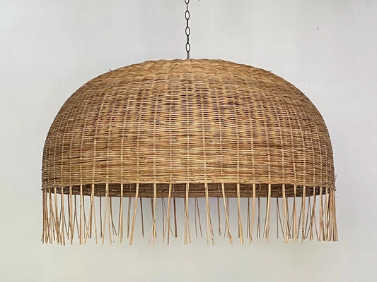 Frayed Rattan Dome Wicker Pendant Light hangs with Chain