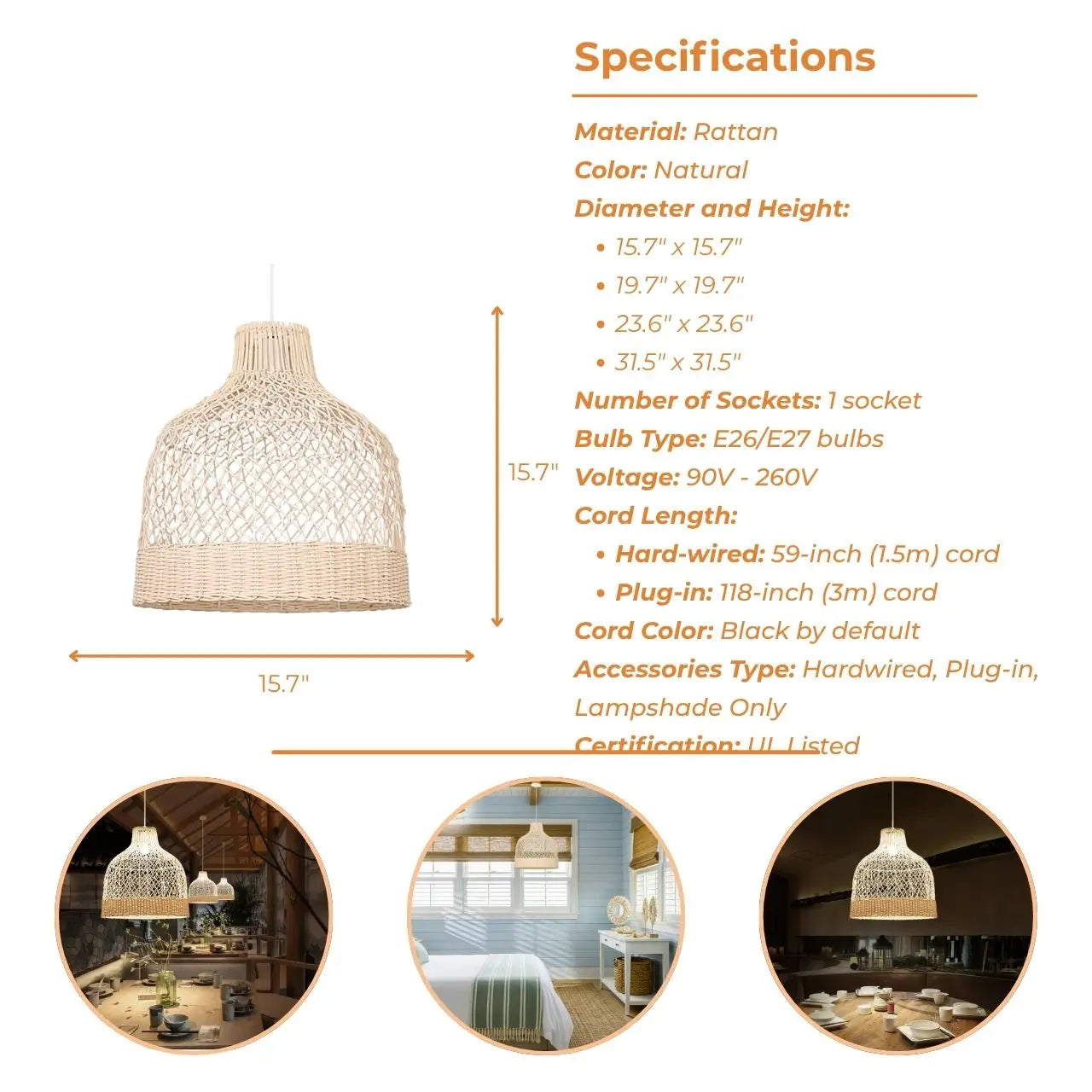 Fuelix Rattan Hanging Light's specifications