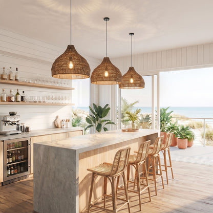 Garlic Brown Rattan Pendant Lights over Coastal Kitchen Island