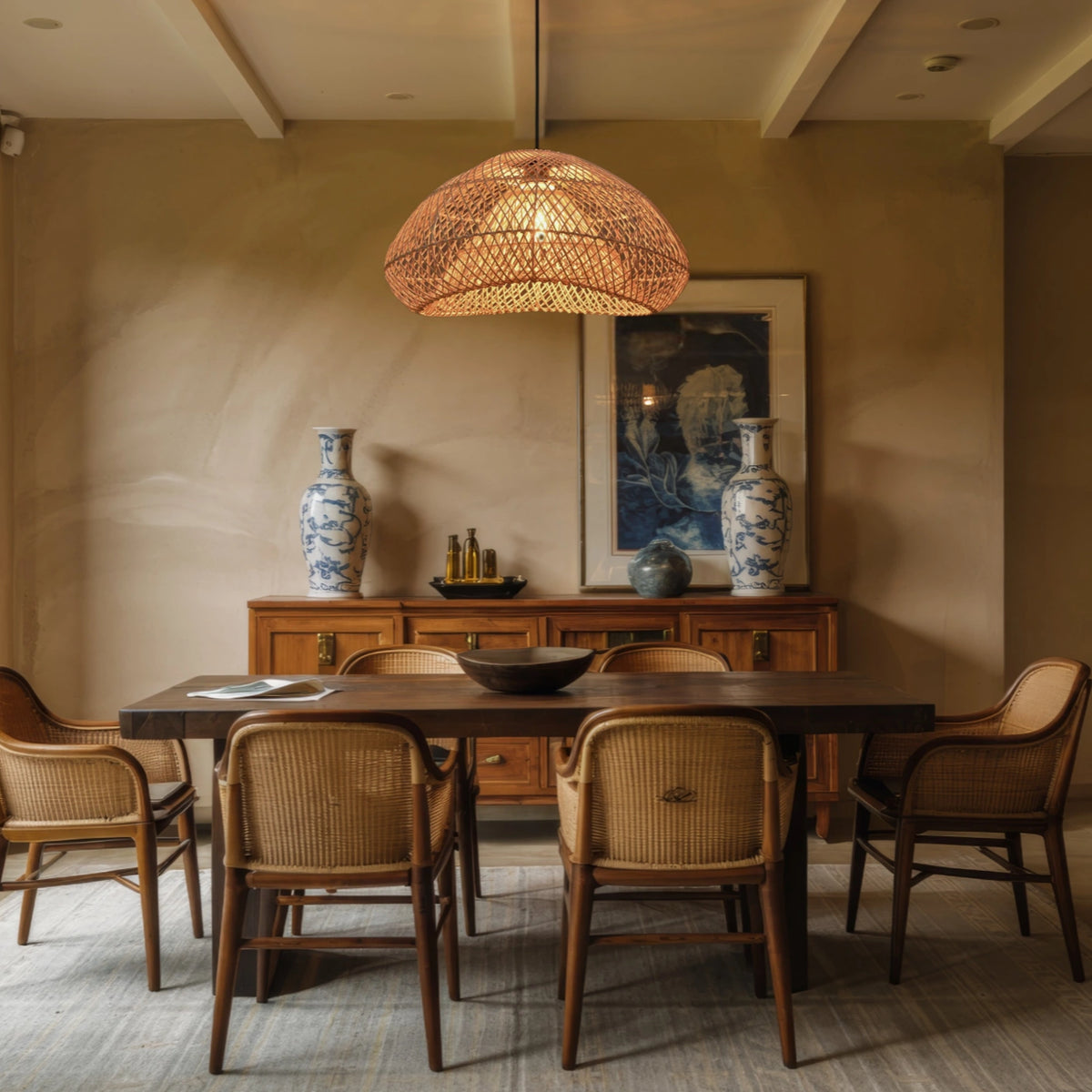 Generic Wabi Sabi Wave Rattan Pendant Light hanging in dining room