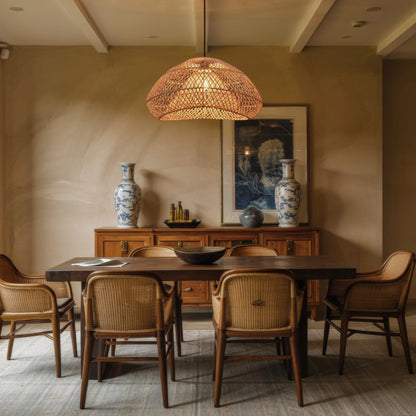 Generic Wabi Sabi Wave Rattan Pendant Light hanging in dining room