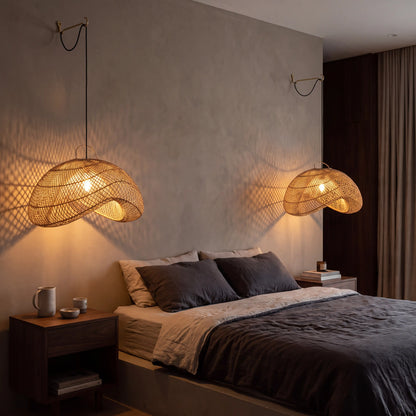 Generis Rattan Wave Pendant Hanging Light with Plug-in Bedroom