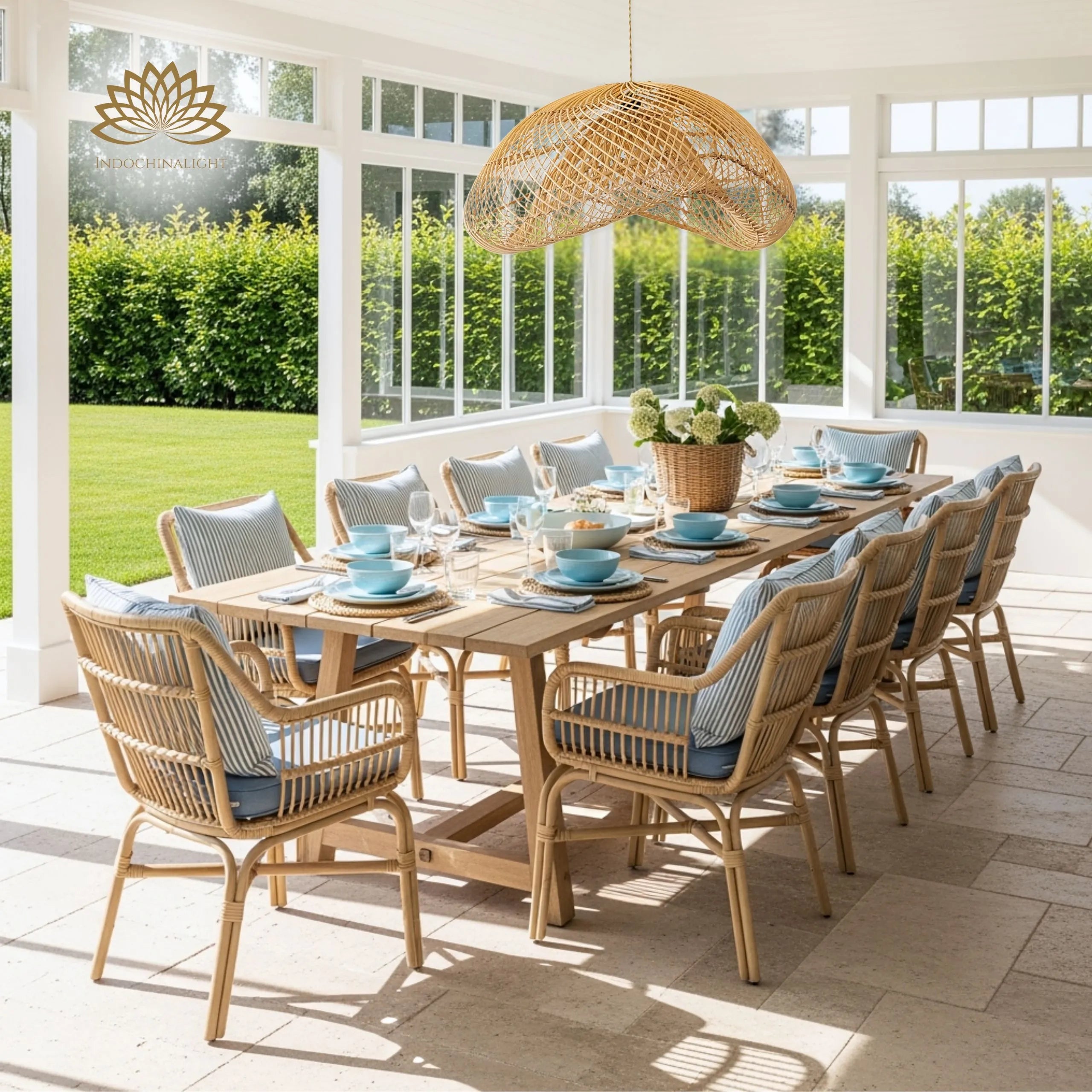 generis rattan wave pendant light hanging over dining table