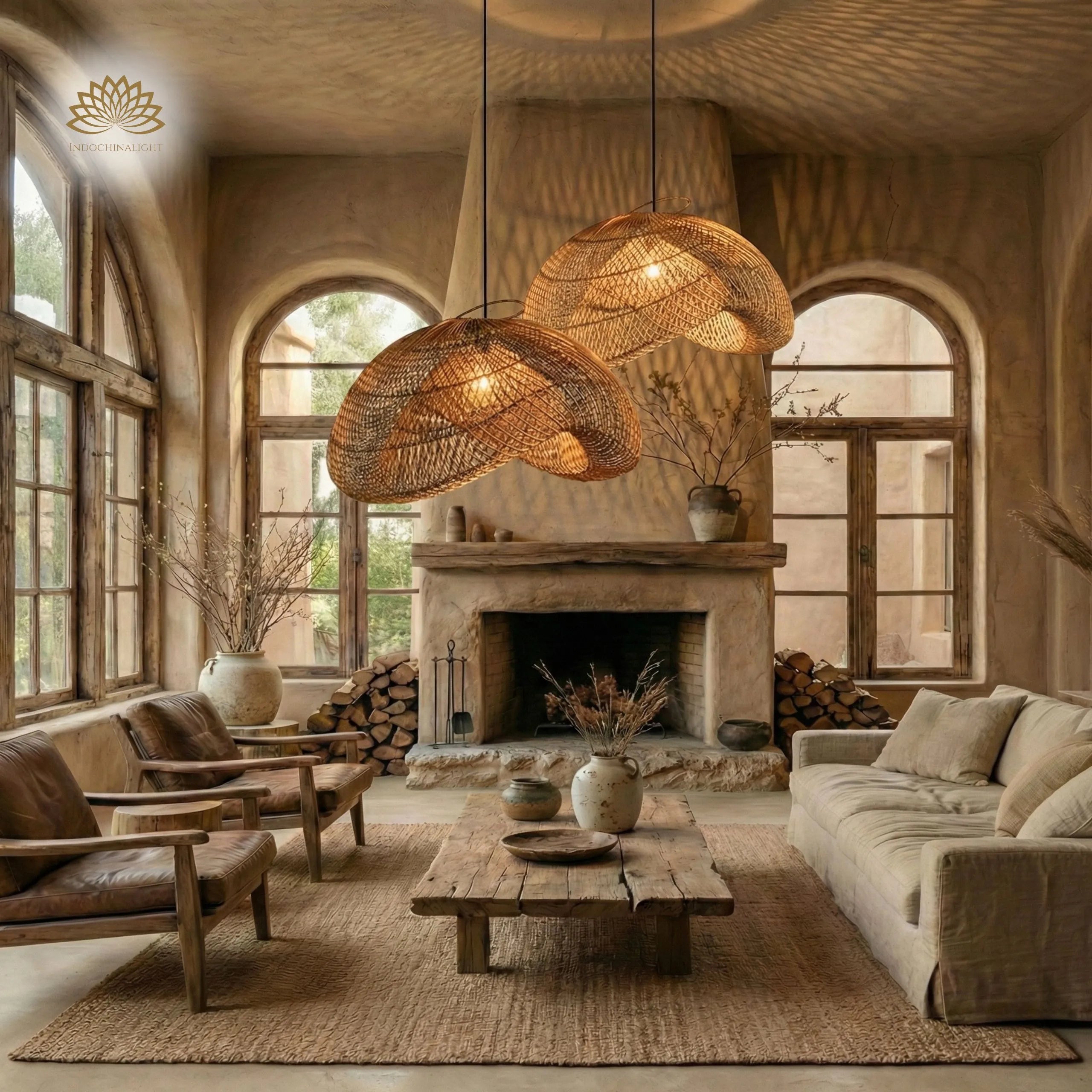 rattan pendant lights in cozy living room