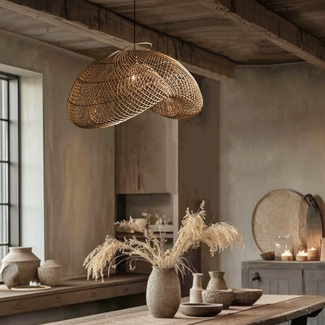 Generis Wabi Sabi Dark Brown Wave Rattan Pendant Light above the dining table