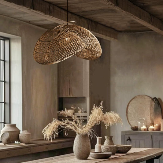 Generis Wabi Sabi Dark Brown Wave Rattan Pendant Light above the dining table