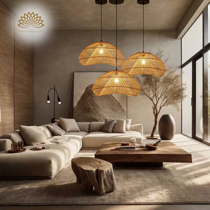 Generis Wave Rattan Pendant Light in Wabi Sabi Living Room