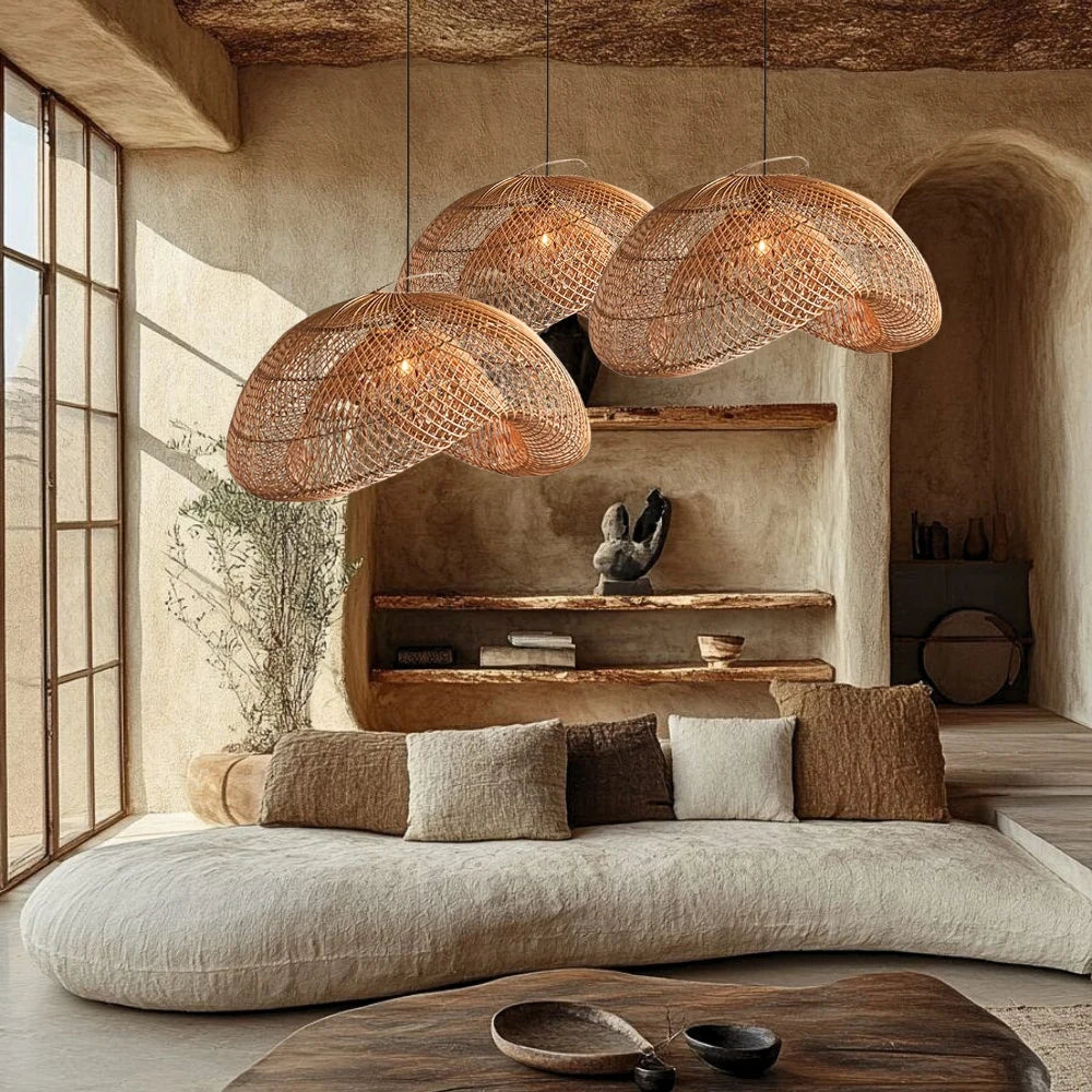 Generis Wave Rattan Pendant Lights hang over Wabi Sabi Living room