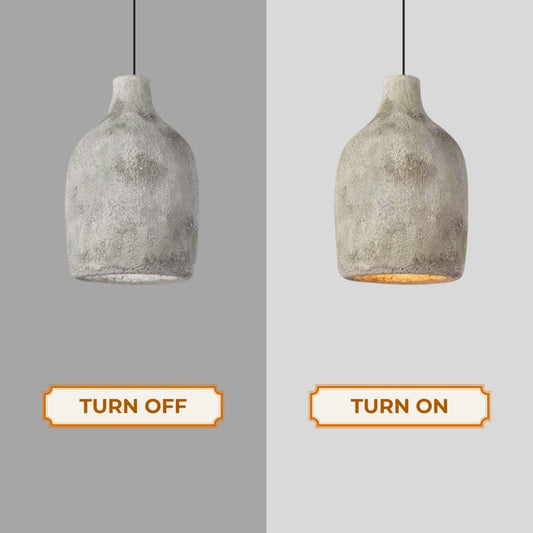 grey wabi sabi ceramic resin vase pendant light when the light is on and off