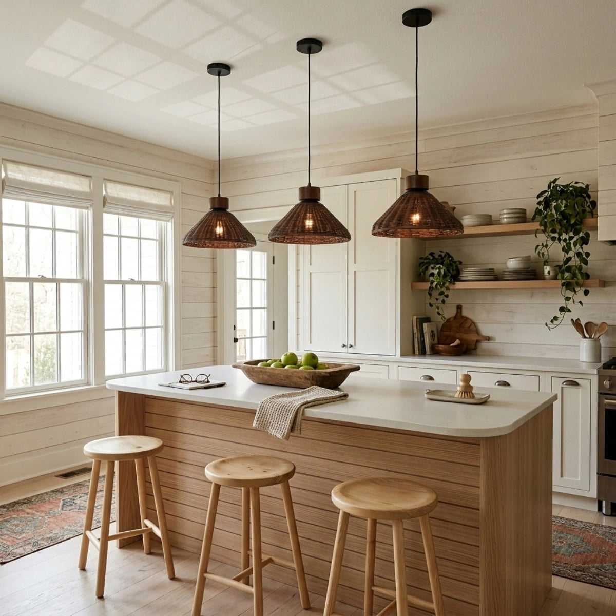 Hakka Conical Dark Brown Rattan Pendant Light Small Basket Weave in Boho Kitchen Island