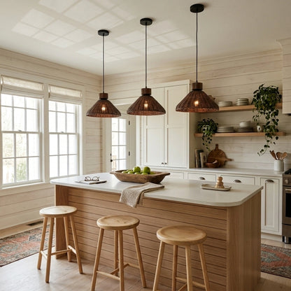Hakka Conical Dark Brown Rattan Pendant Light Small Basket Weave in Boho Kitchen Island