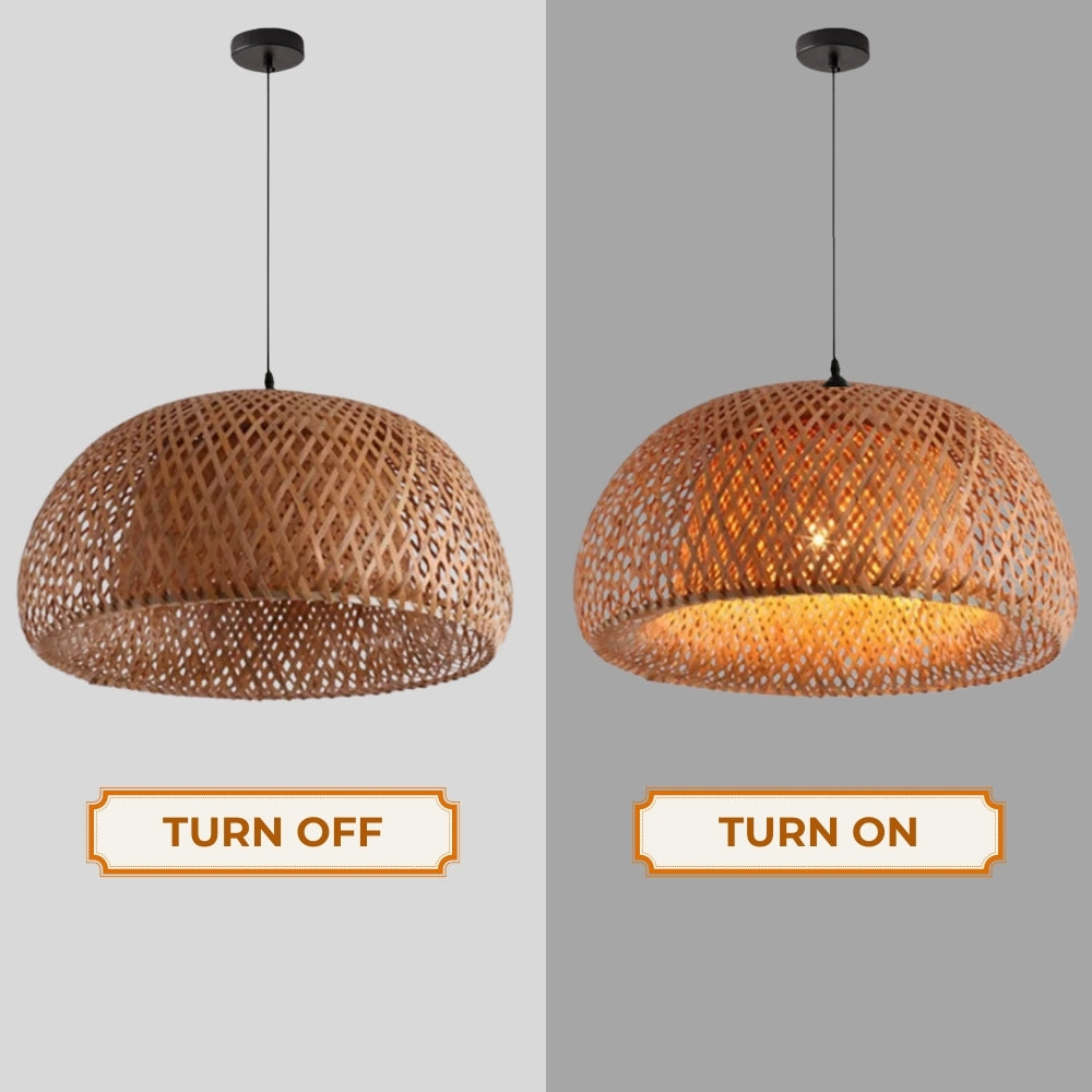 hand woven bamboo hat pendant light when the light is on and off