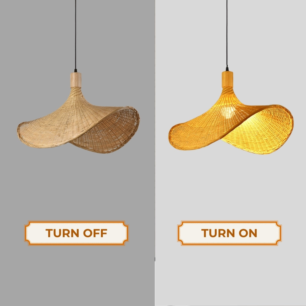 hand woven rattan pendant light when the light is on and off