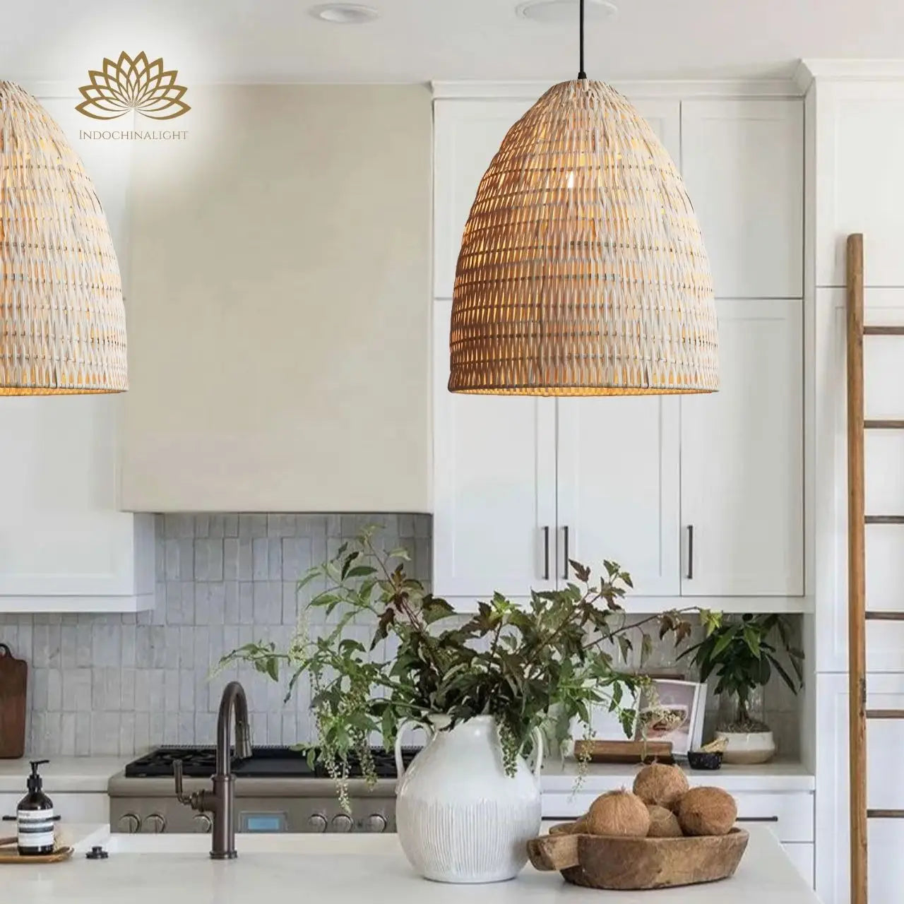 Handmade white bamboo pendant light for kitchen island