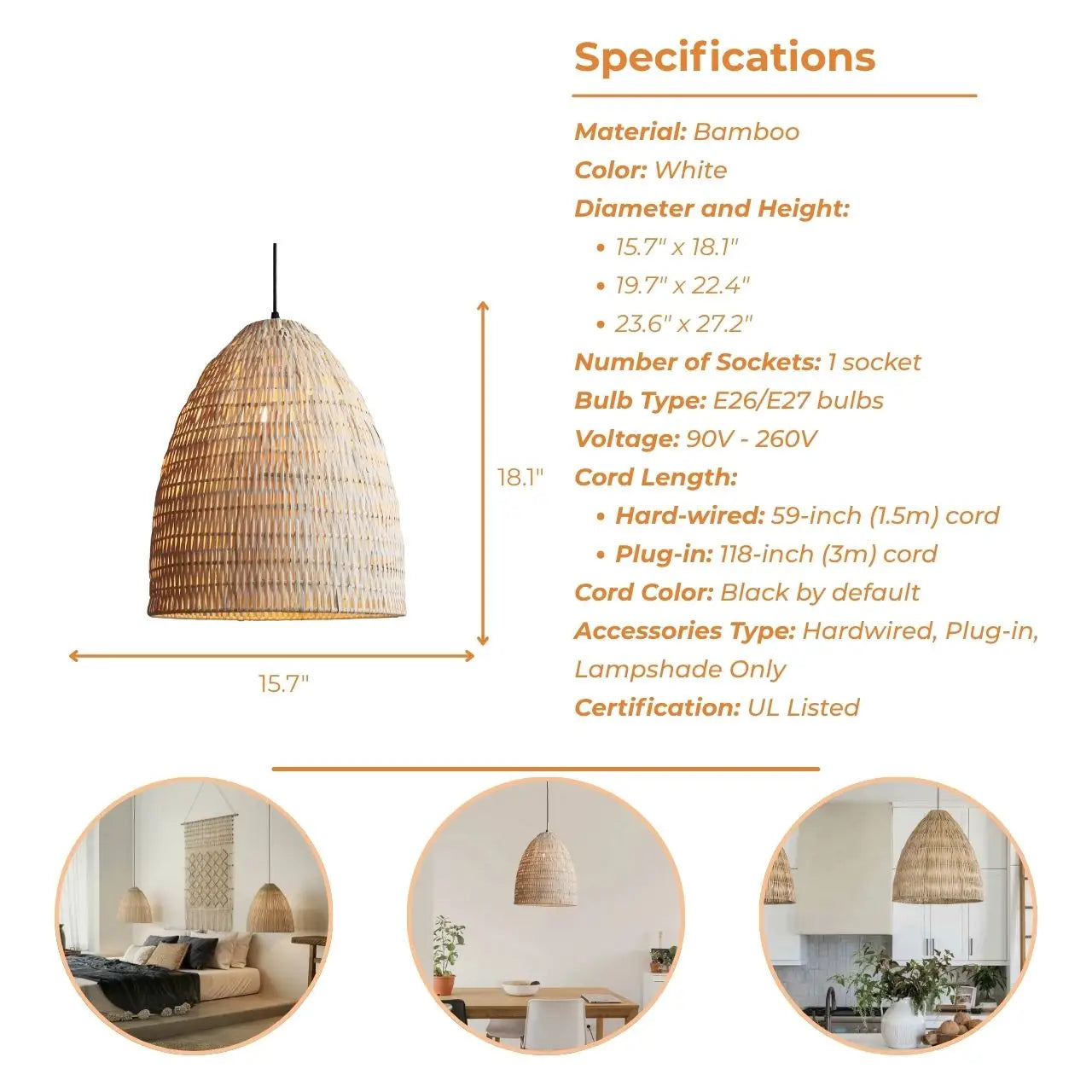 Handmade white bamboo pendant light's specifications