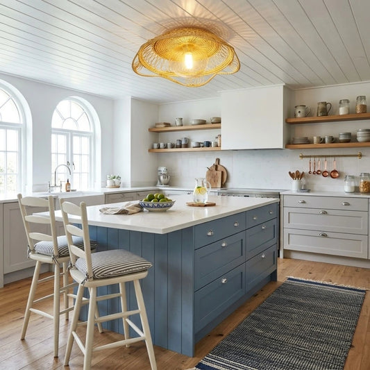 Havana Small Rattan Ceiling Light in Coastal Kitchen Island