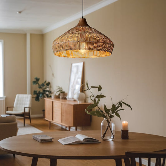 Havenly Rattan Woven Dome Pendant Light hangs over Reading Table