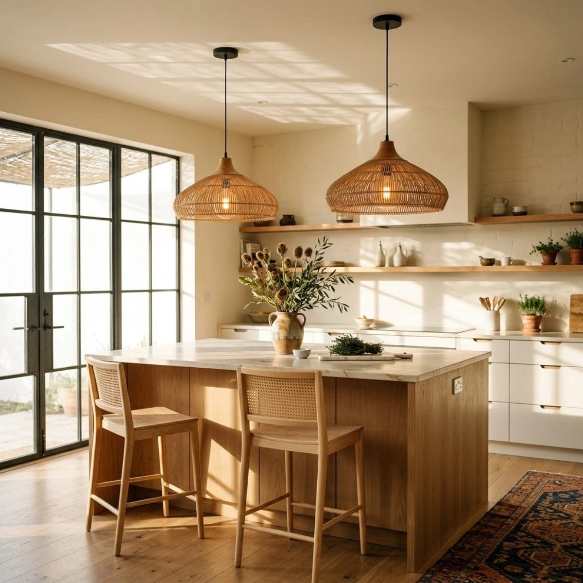 Havenly Rattan Woven Dome Pendant Light in Boho Kitchen Island
