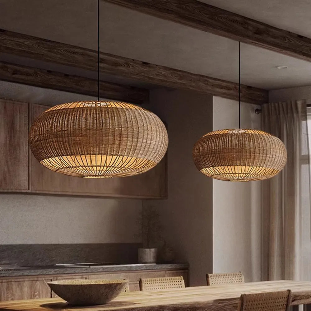 Isobella Ball Wicker Pendant Light over Wabi Sabi Dining table