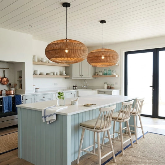 Isobella Wabi Sabi Large Ball Wicker Pendant Light in Coastal Kitchen Island