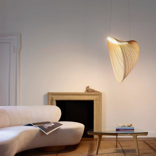 japandi modern wood ring ceiling light fixture in living room
