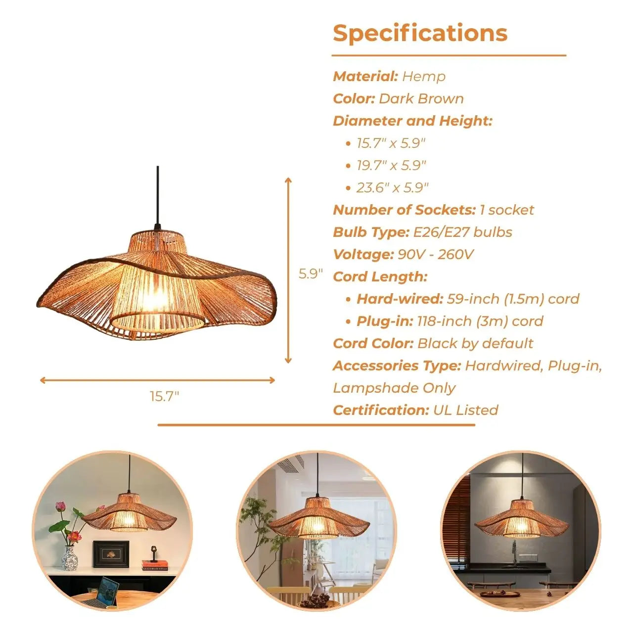 Japanese Weaving Hemp Rope Pendant Light's specifications