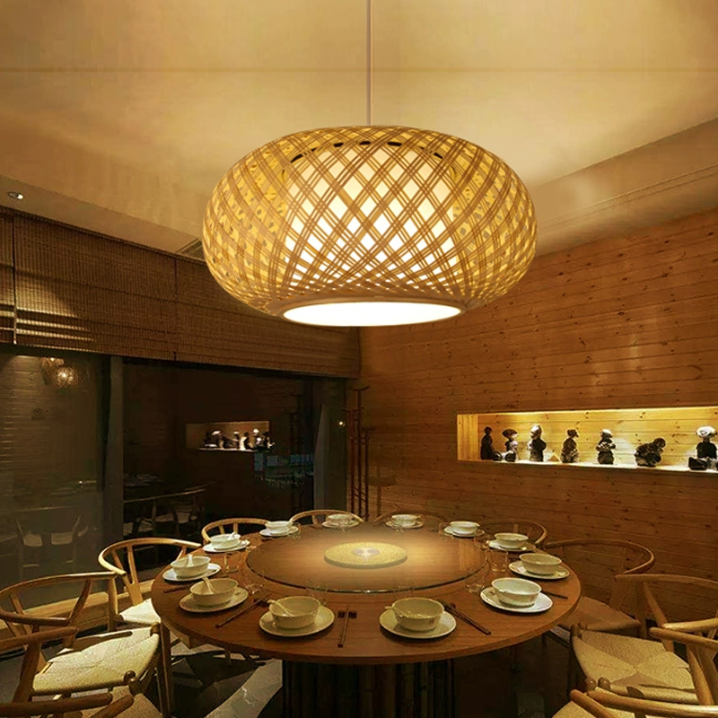Joyce Woven Bamboo Pendant Light over Japandi Large Dining Table