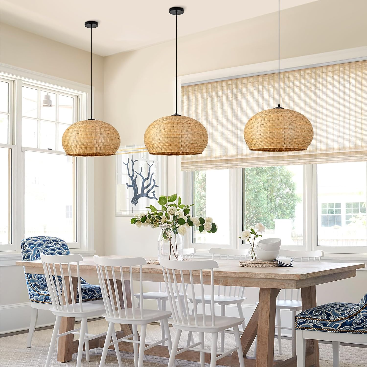 Juanita Wabi Sabi Wicker Bamboo Ceiling Light in the dining room
