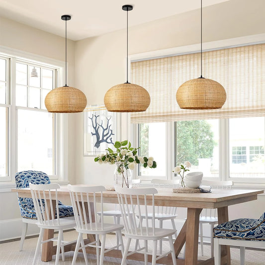 Juanita Wabi Sabi Wicker Bamboo Dome Ceiling Light in the dining room