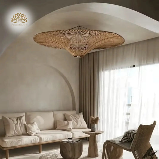 Junita Oversized Saucer Wide Rattan Light in Low Ceiling Wabi Sabi Lounge