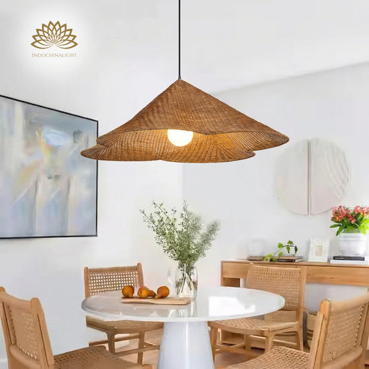Kalani Cone Scallop Rattan Pendant Light over Dining Table