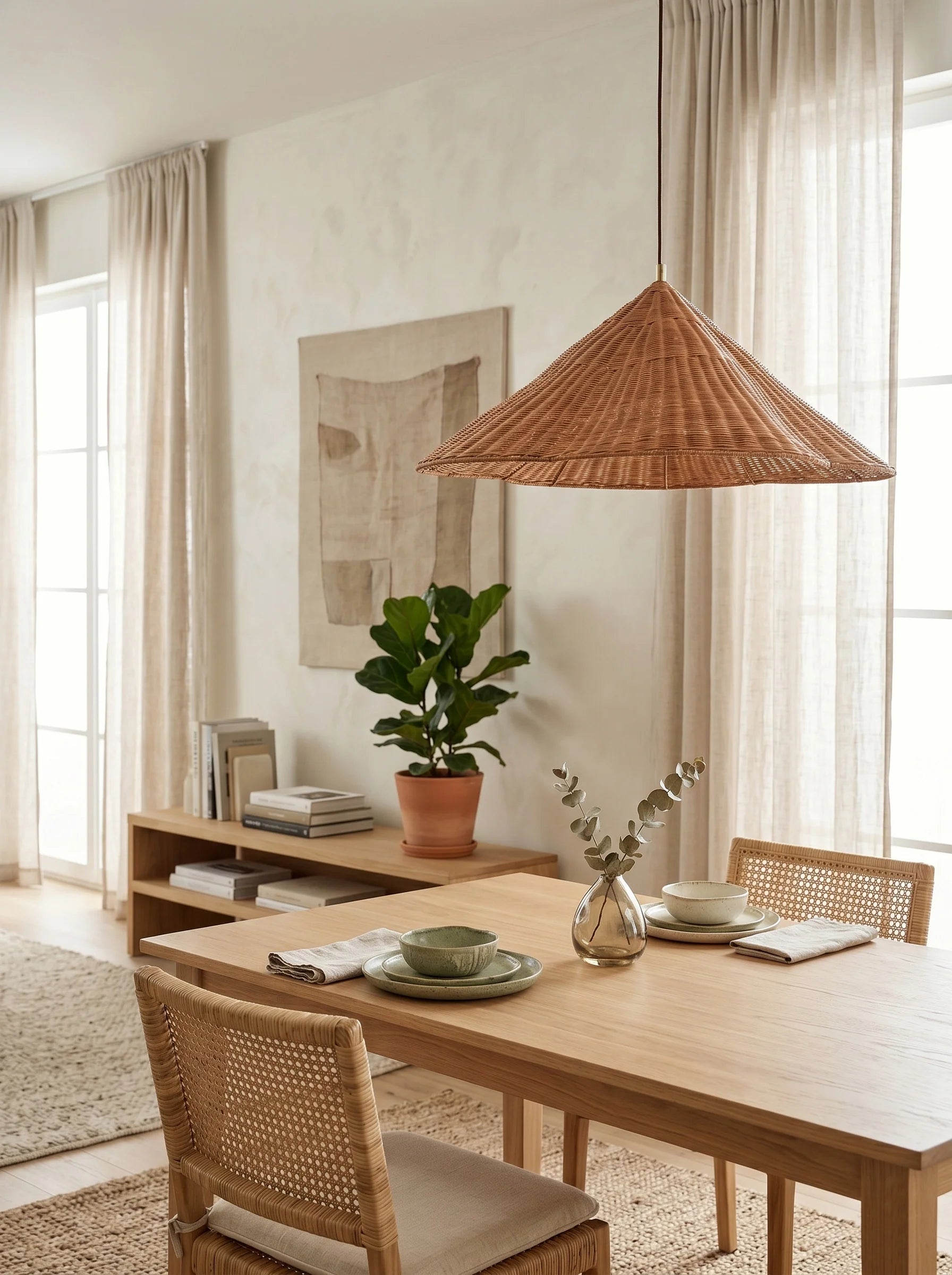 Kalani Scallop Rattan Pendant Light over Boho Dining Table