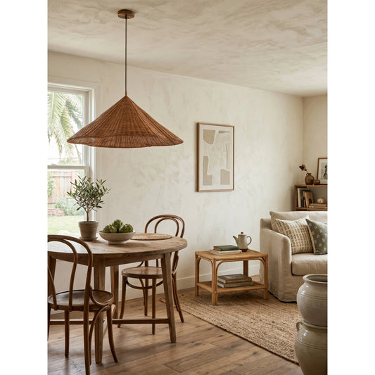 Kalani Scallop Rattan Pendant Light over Rustic Dining Room