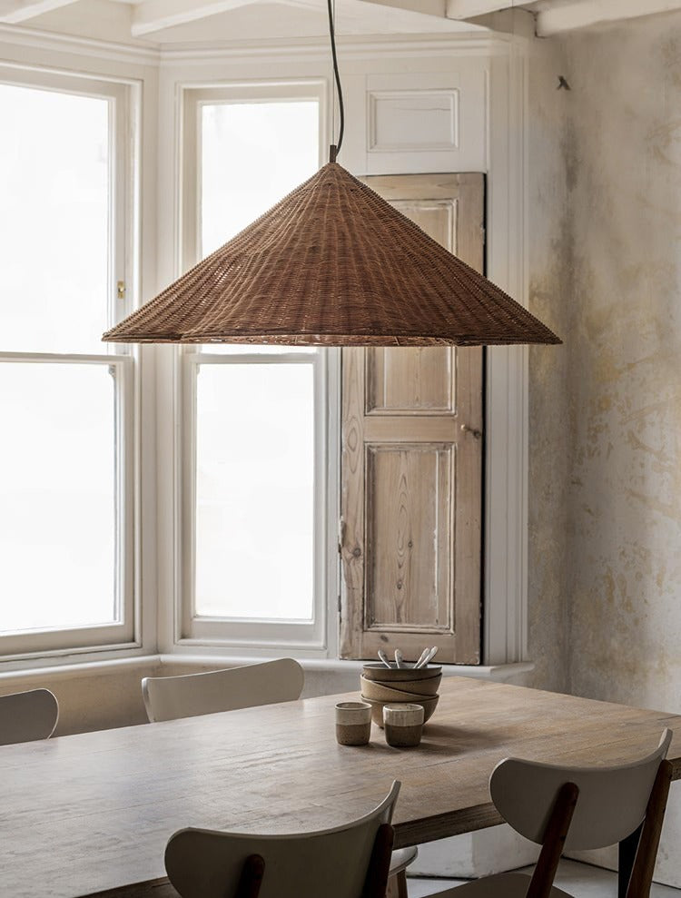 Kalani Scallop Rattan Pendant Light over Wabi Sabi Dining Table